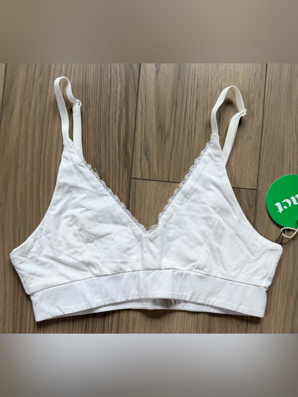 Pact Pretty Plunge White Lace-Trim Bralette Organic Sz S
